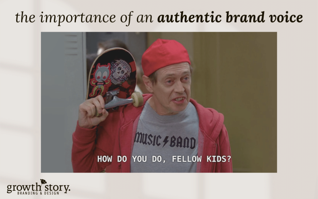 The importance of developing an authentic brand voice shows the meme with the dialogue how do you do fellow kids
