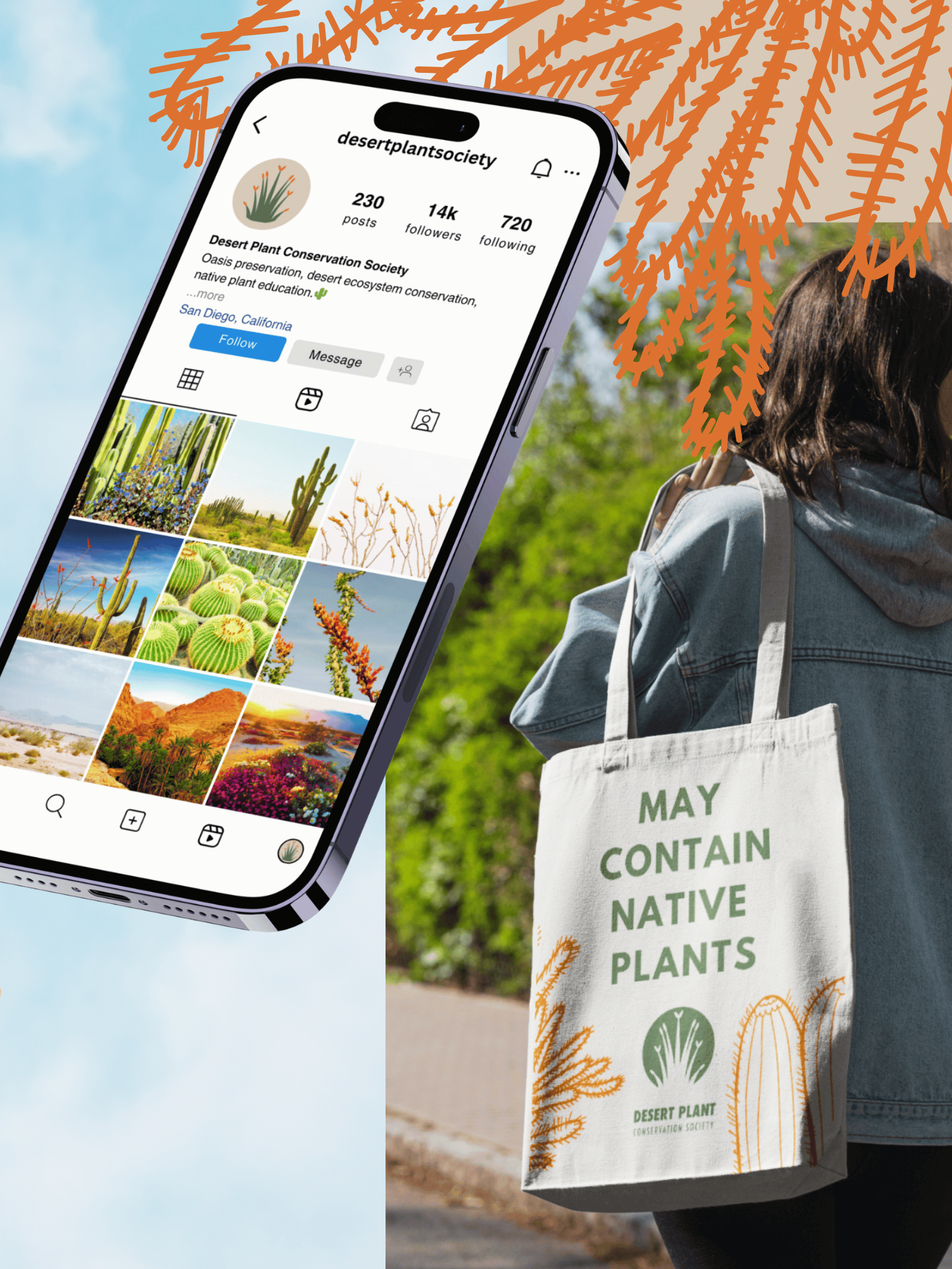 Desert Plant Conservation Society instagram feed and tote bag