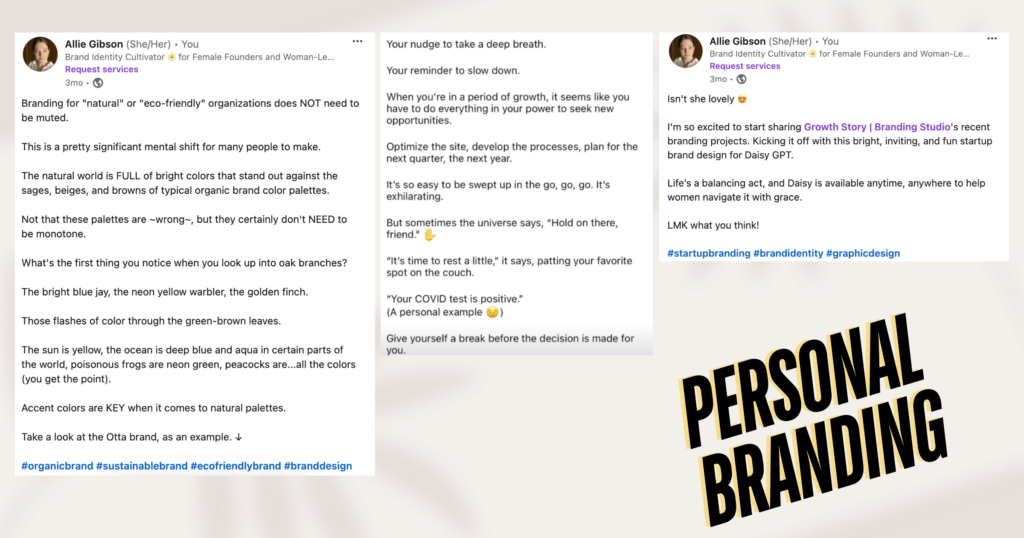 Example screenshots from Growth Story's founder Allie Gibson, focused on woman founder personal branding