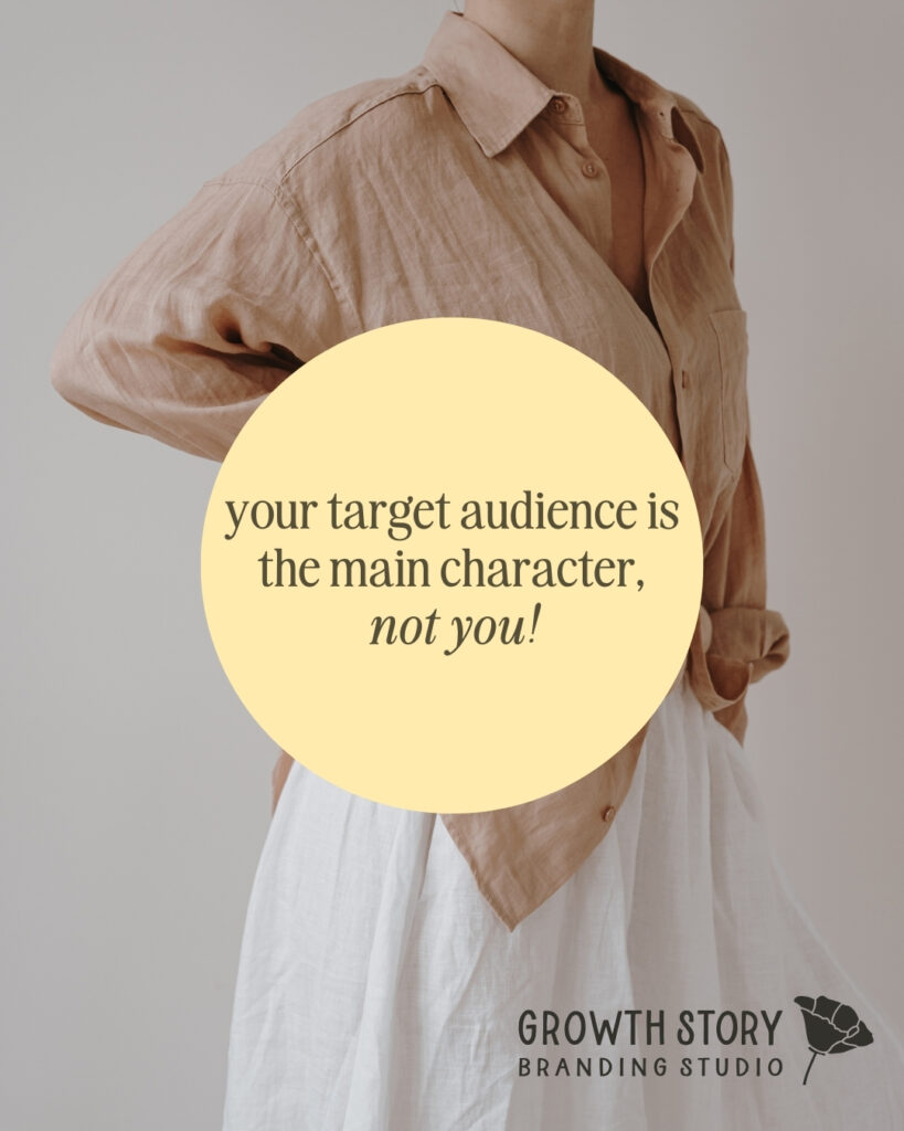 a woman poses and text reads 'your target is the main character, not you!' in regard to website homepage must haves