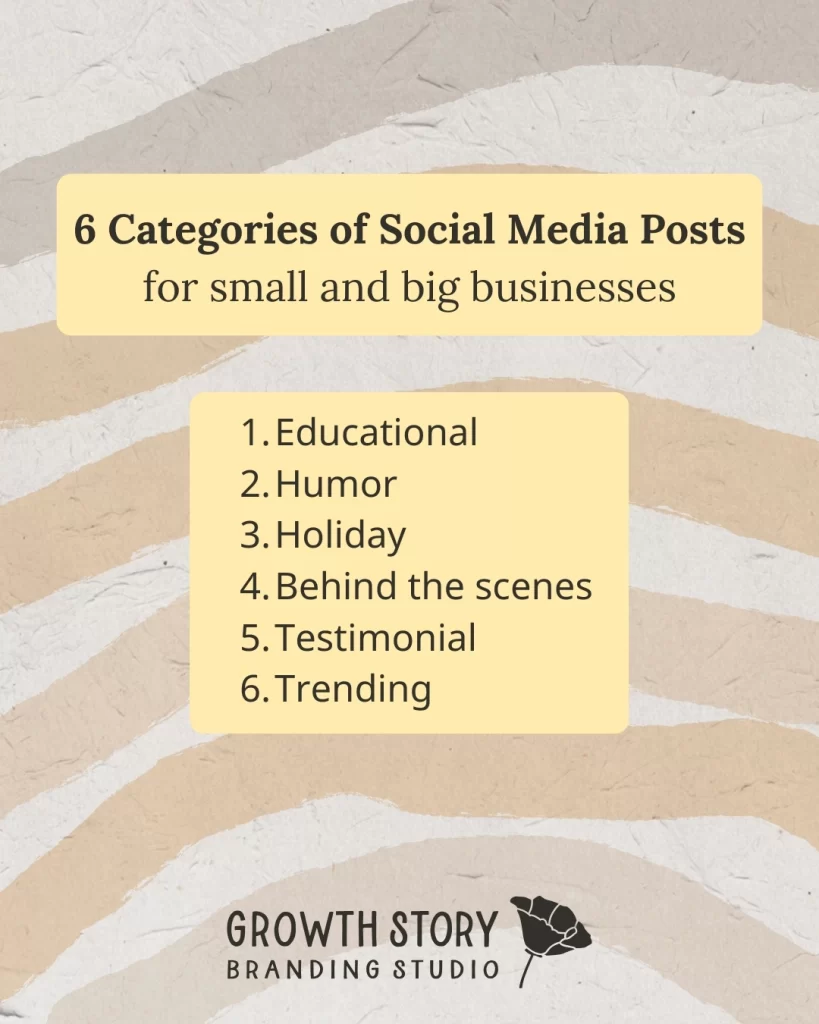 the 6 categories of social media posts are outlined, these are included in the 2025 Social Media Calendar Template