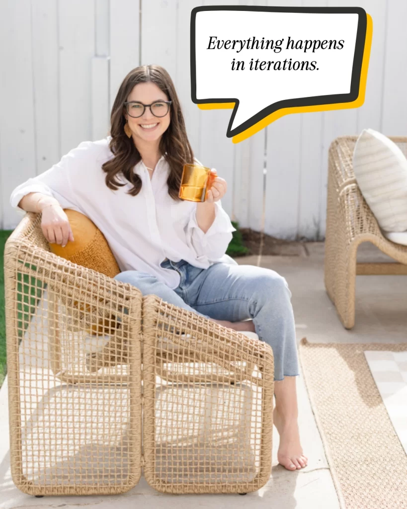 growth story founder allie gibson poses with a mug and the quote'everything happens in iterations'