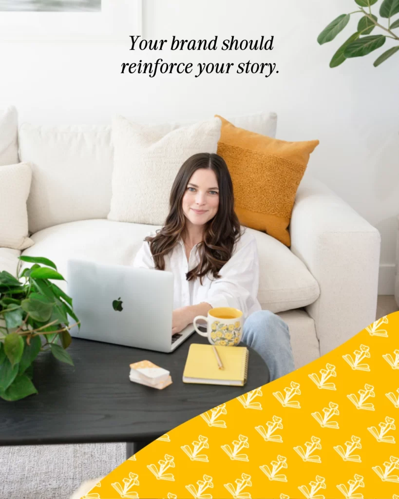 growth story founder allie gibson sits in front of a laptop. text reads 'your brand should reinforce your story.'