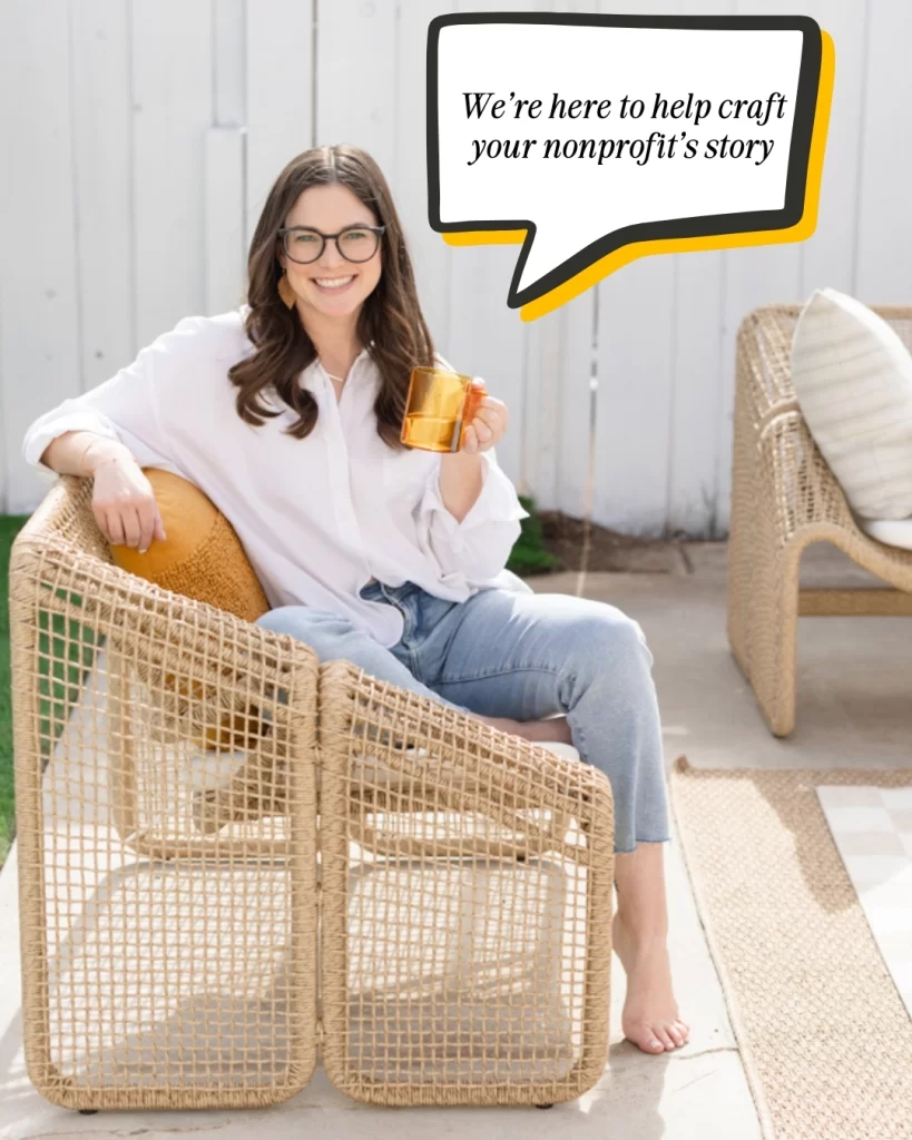 growth story founder allie gibson poses with a mug and the quote 'we're here to help craft your nonprofit's story'