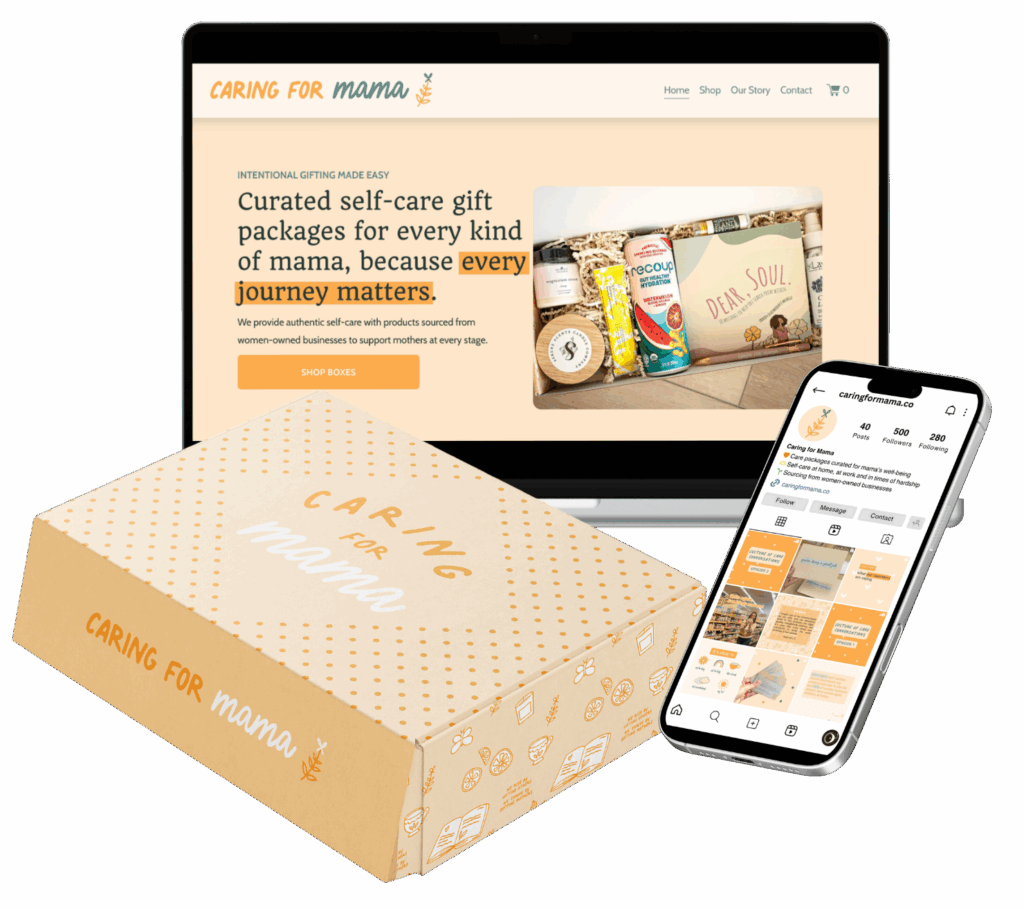 Caring for Mama design elements by growth story include the squarespace website design, social media management, and packaging design