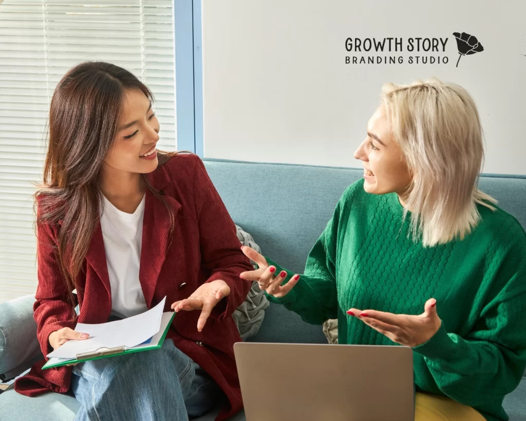 two women on couch discuss financial storytelling for advisors