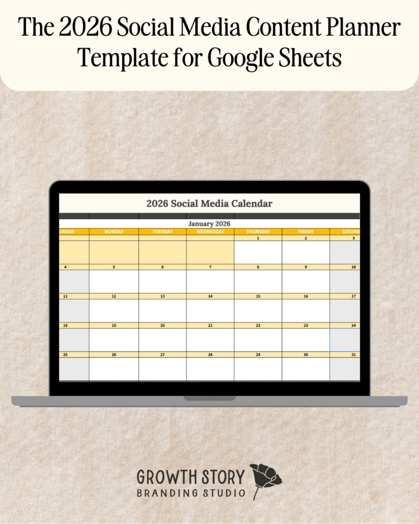 simple graphic-based image on a linen background titled 'the 2026 social media content planner template for google sheets' with a screenshot of the spreadsheet mocked up on a laptop. source: Allie Gibson of Growth Story