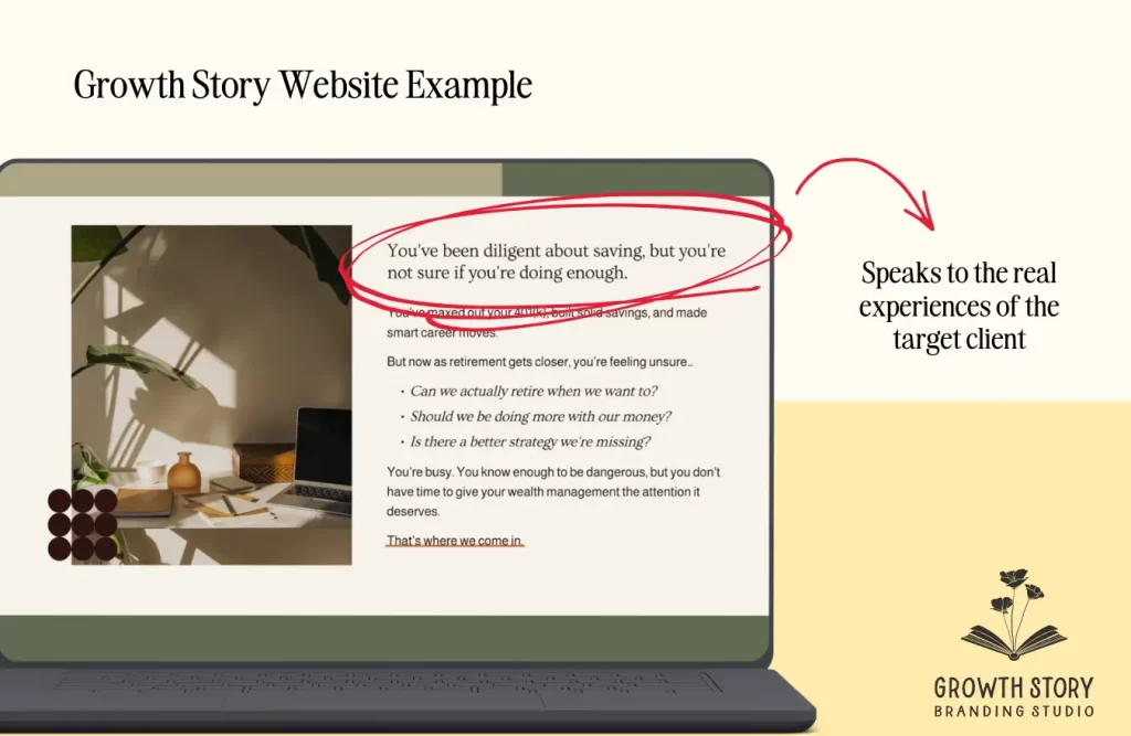 Screenshot of the Coriander Financial Group website speaks to the real experiences of the target client. Copy reads “You’ve been diligent about saving, but you’re not sure if you’re doing enough.”