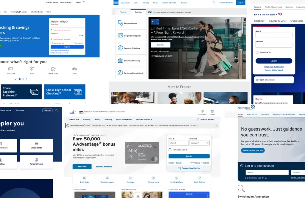 several financial services websites using blue accents to signal trust