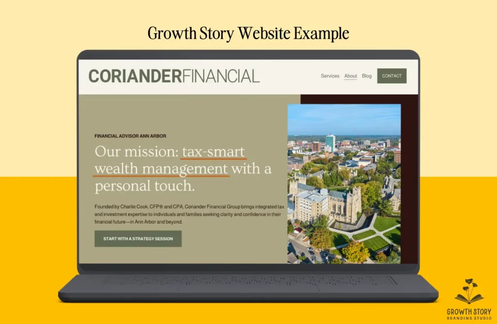 Screenshot of Coriander Financial website on a yellow background.