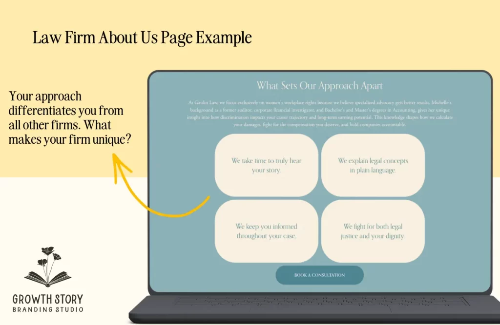 Law firm about us page example showing firm differentiating factors