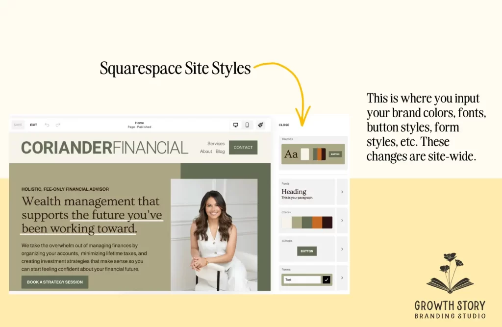Squarespace edit Site Styles for colors, fonts, and other branding elements