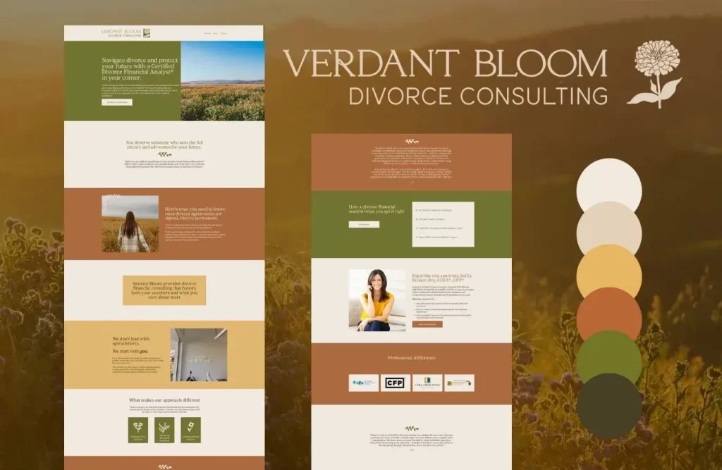 Comprehensive branding and website design for Verdant Bloom Divorce Consulting, done by Growth Story