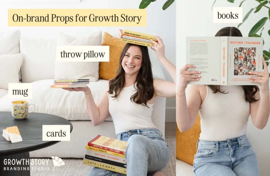 Branding photoshoot prop ideas featuring books, pillows, mugs, and more
